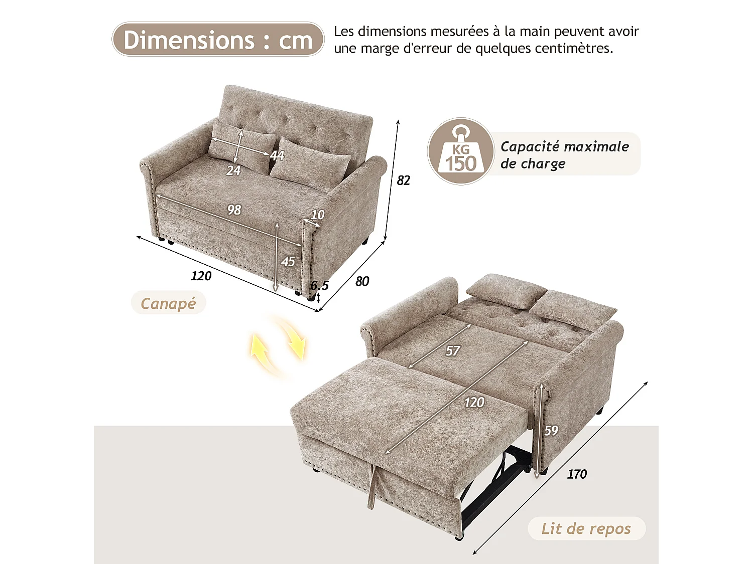 Sofá convertible 3 en 1 con respaldo reclinable (110°/145°/180°) - Tejido de chenilla - Superficie para dormir: 170 x 98 cm - 2 cojines - Marrón grisáceo