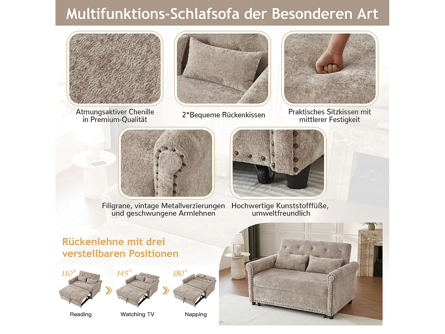 Sofá convertible 3 en 1 con respaldo reclinable (110°/145°/180°) - Tejido de chenilla - Superficie para dormir: 170 x 98 cm - 2 cojines - Marrón grisáceo