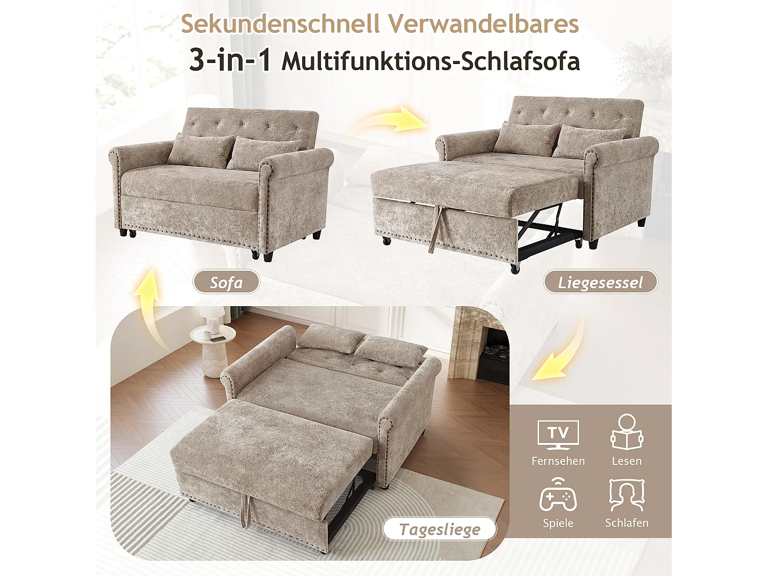 Sofá convertible 3 en 1 con respaldo reclinable (110°/145°/180°) - Tejido de chenilla - Superficie para dormir: 170 x 98 cm - 2 cojines - Marrón grisáceo