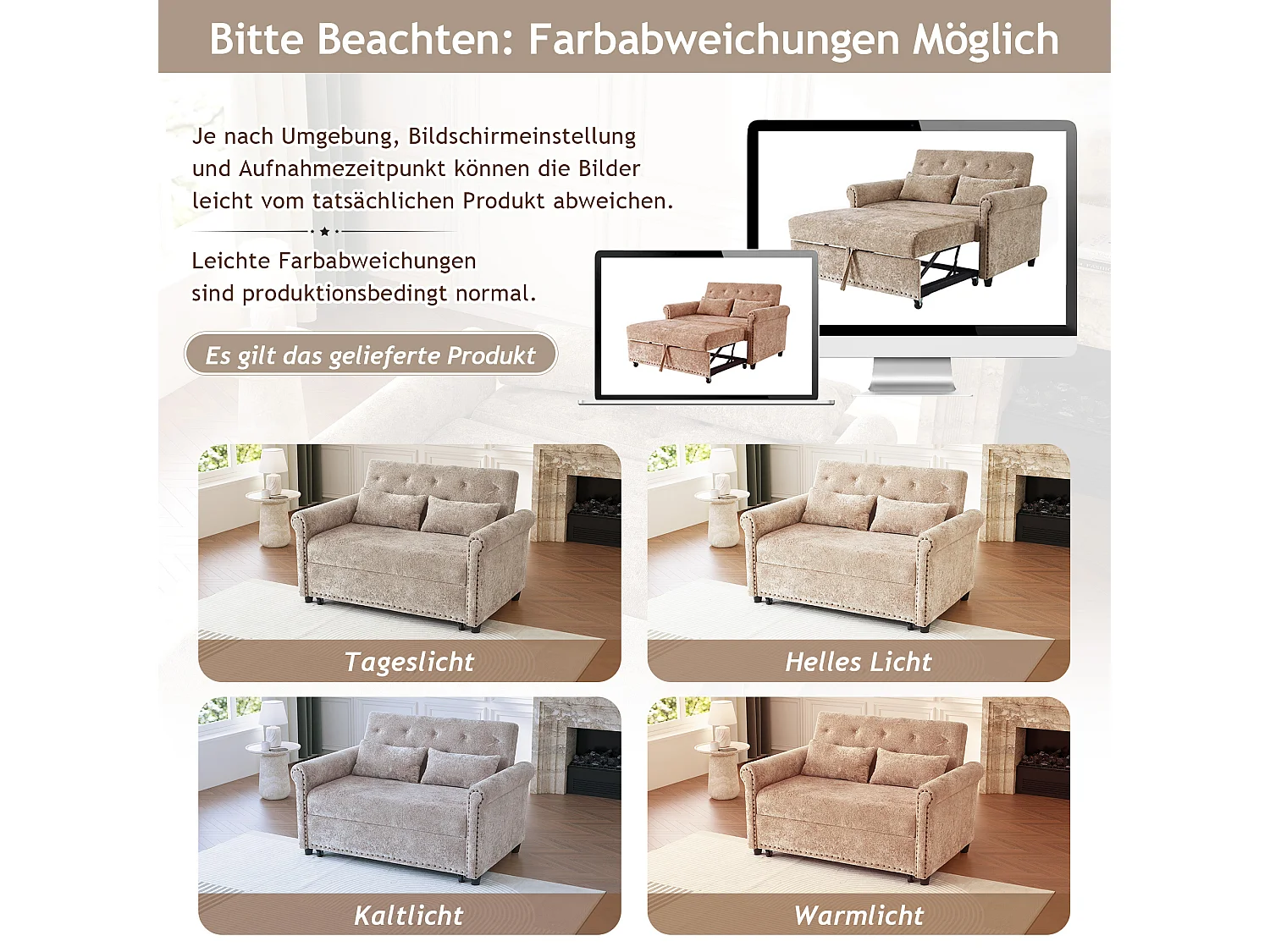 Sofá convertible 3 en 1 con respaldo reclinable (110°/145°/180°) - Tejido de chenilla - Superficie para dormir: 170 x 98 cm - 2 cojines - Marrón grisáceo