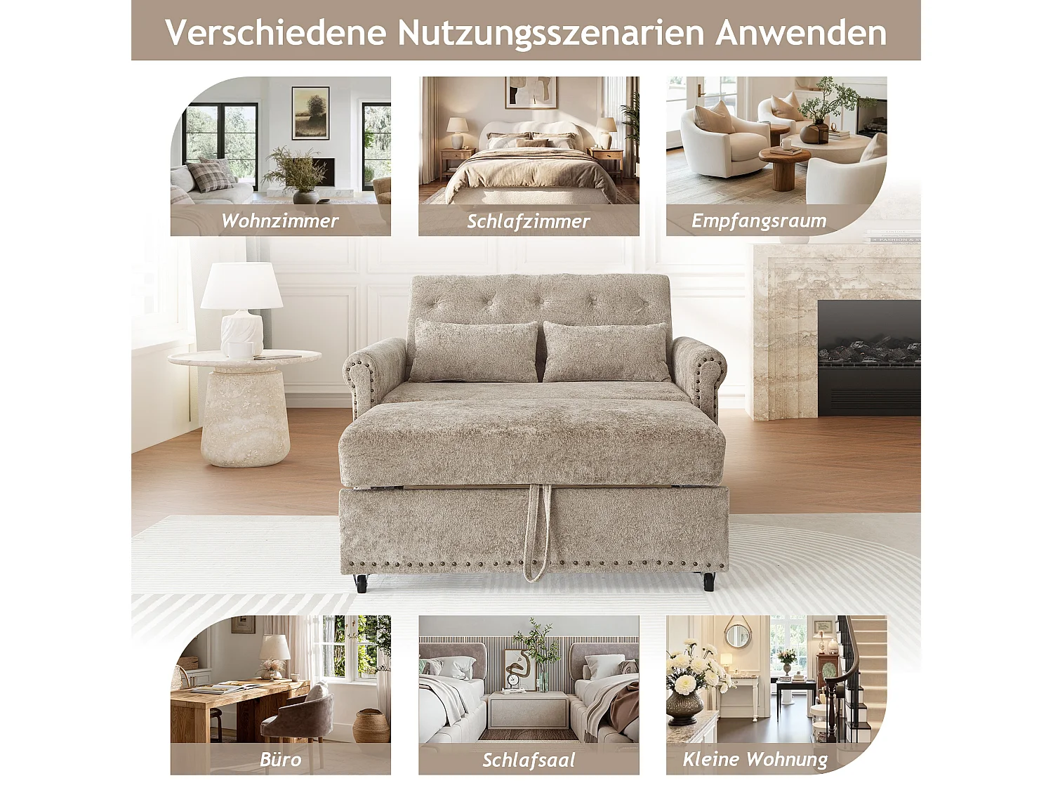 Sofá convertible 3 en 1 con respaldo reclinable (110°/145°/180°) - Tejido de chenilla - Superficie para dormir: 170 x 98 cm - 2 cojines - Marrón grisáceo