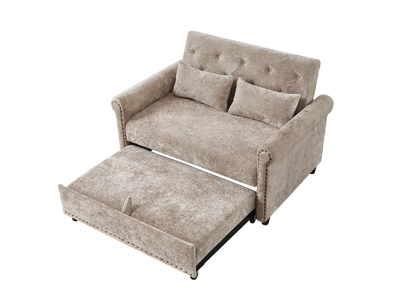Sofá convertible 3 en 1 con respaldo reclinable (110°/145°/180°) - Tejido de chenilla - Superficie para dormir: 170 x 98 cm - 2 cojines - Marrón grisáceo