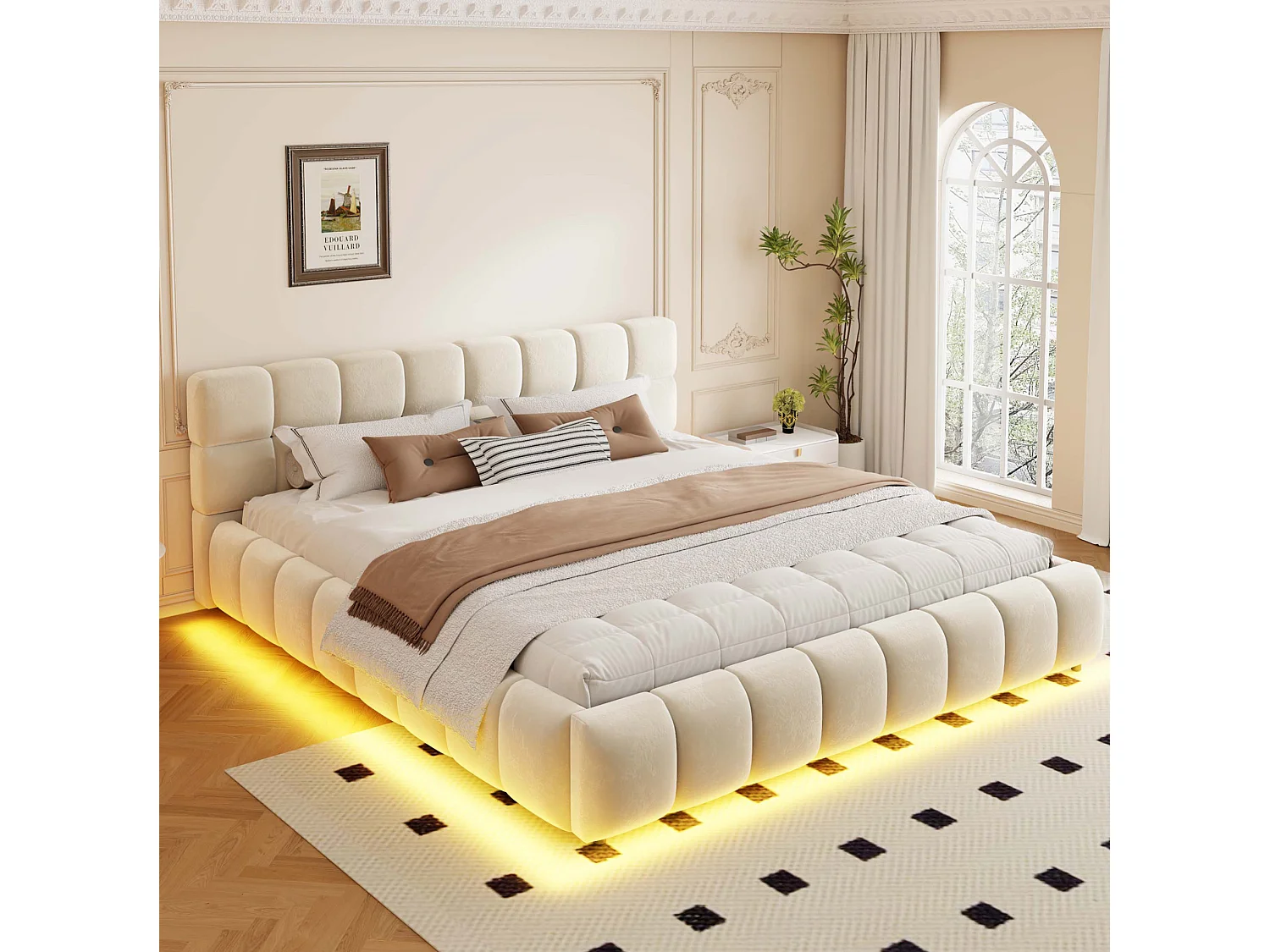 Letto contenitore per adulti 160 x 200 cm con striscia luminosa - Velluto beige