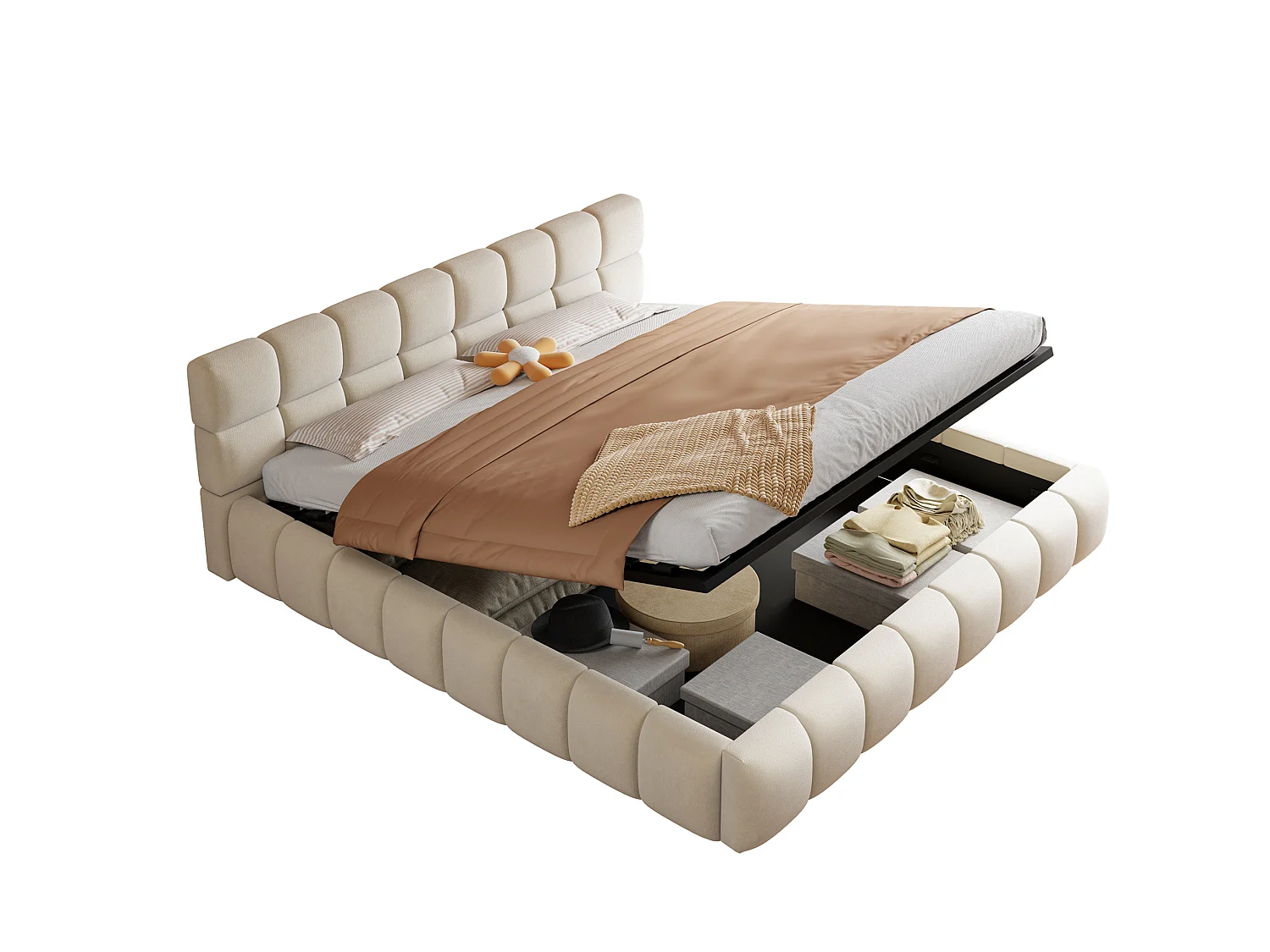 Letto contenitore per adulti 160 x 200 cm con striscia luminosa - Velluto beige