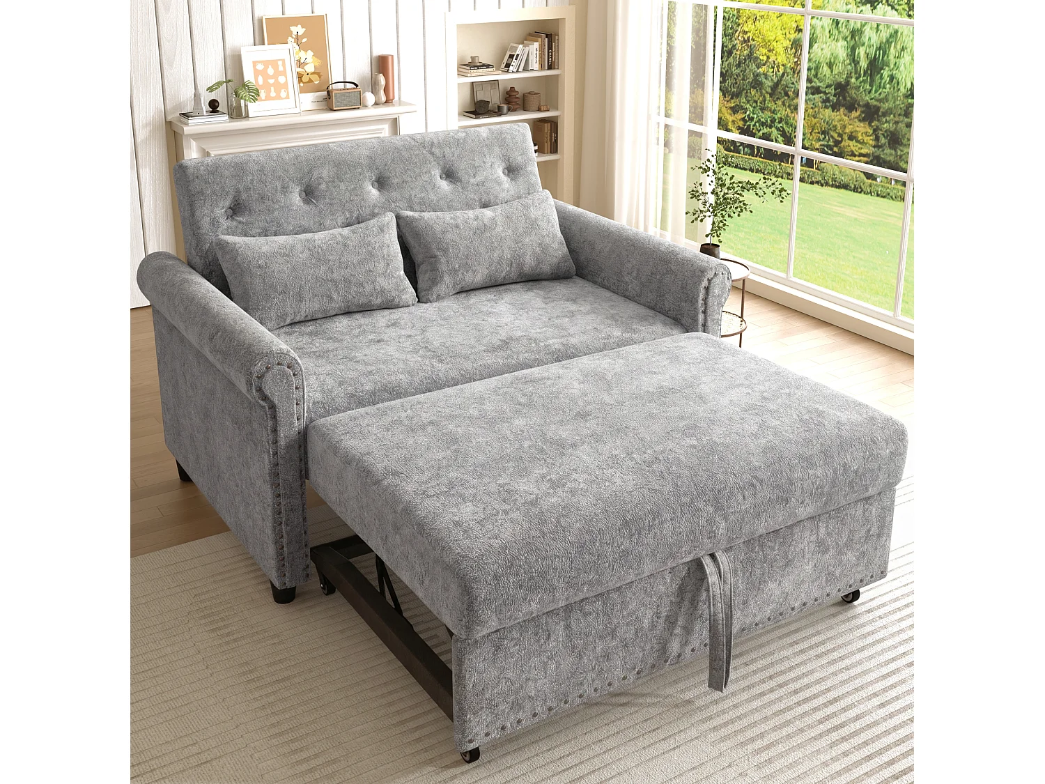 Sofa rozkładana 3 w 1 z odchylanym oparciem (110°/145°/180°) - Tkanina szenilowa - Powierzchnia spania 170 x 98 cm - 2 poduszki - Szary