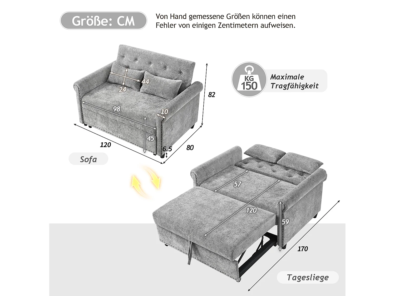 Sofa rozkładana 3 w 1 z odchylanym oparciem (110°/145°/180°) - Tkanina szenilowa - Powierzchnia spania 170 x 98 cm - 2 poduszki - Szary