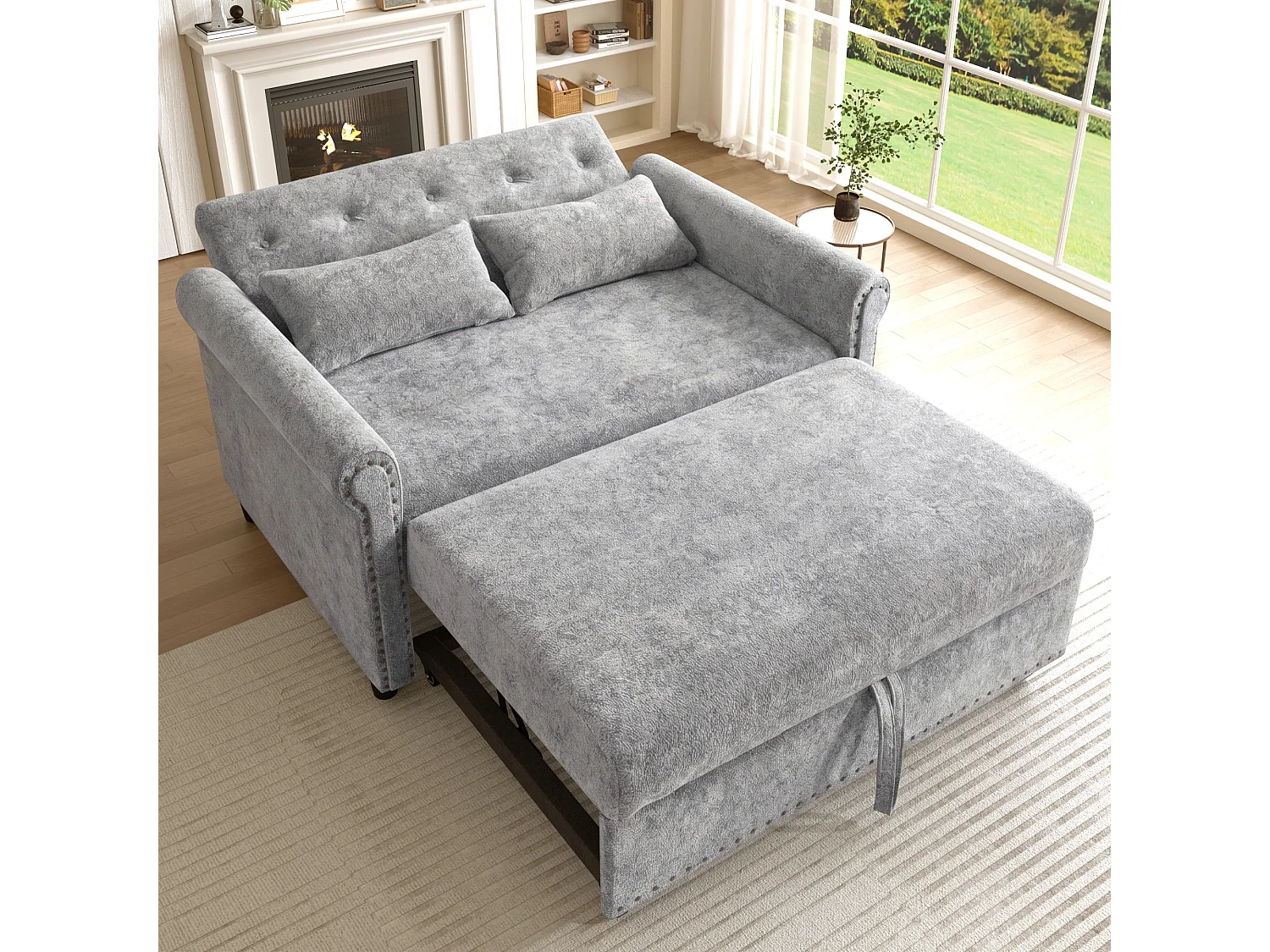 Sofa rozkładana 3 w 1 z odchylanym oparciem (110°/145°/180°) - Tkanina szenilowa - Powierzchnia spania 170 x 98 cm - 2 poduszki - Szary