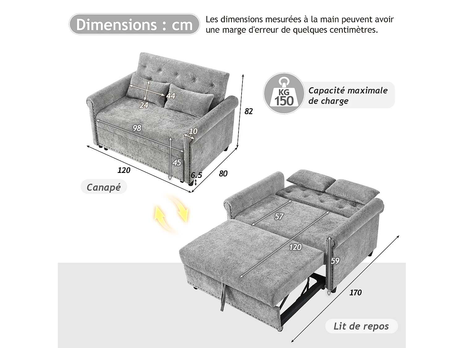 Sofa rozkładana 3 w 1 z odchylanym oparciem (110°/145°/180°) - Tkanina szenilowa - Powierzchnia spania 170 x 98 cm - 2 poduszki - Szary