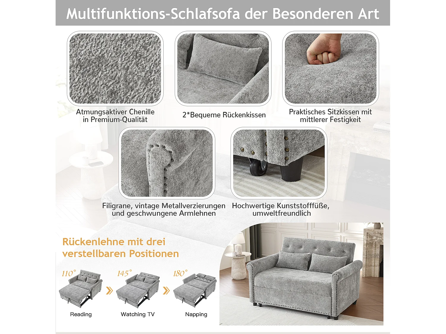 Sofa rozkładana 3 w 1 z odchylanym oparciem (110°/145°/180°) - Tkanina szenilowa - Powierzchnia spania 170 x 98 cm - 2 poduszki - Szary
