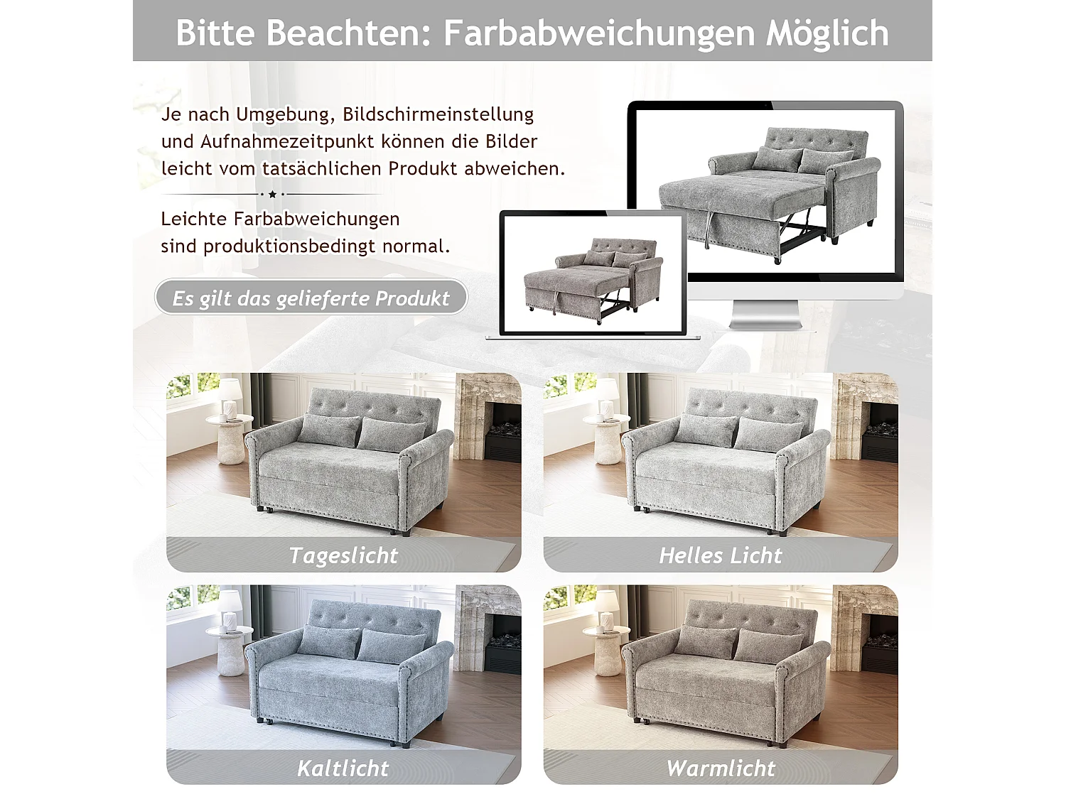 Sofa rozkładana 3 w 1 z odchylanym oparciem (110°/145°/180°) - Tkanina szenilowa - Powierzchnia spania 170 x 98 cm - 2 poduszki - Szary