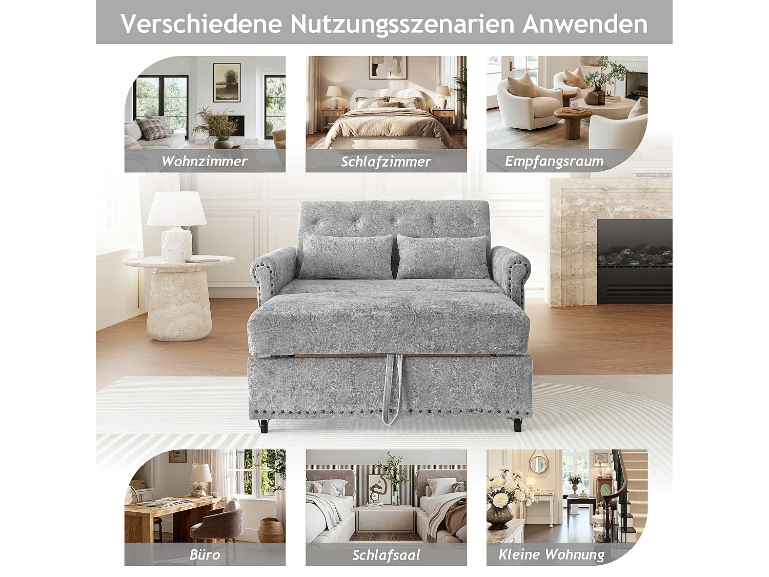 Sofa rozkładana 3 w 1 z odchylanym oparciem (110°/145°/180°) - Tkanina szenilowa - Powierzchnia spania 170 x 98 cm - 2 poduszki - Szary
