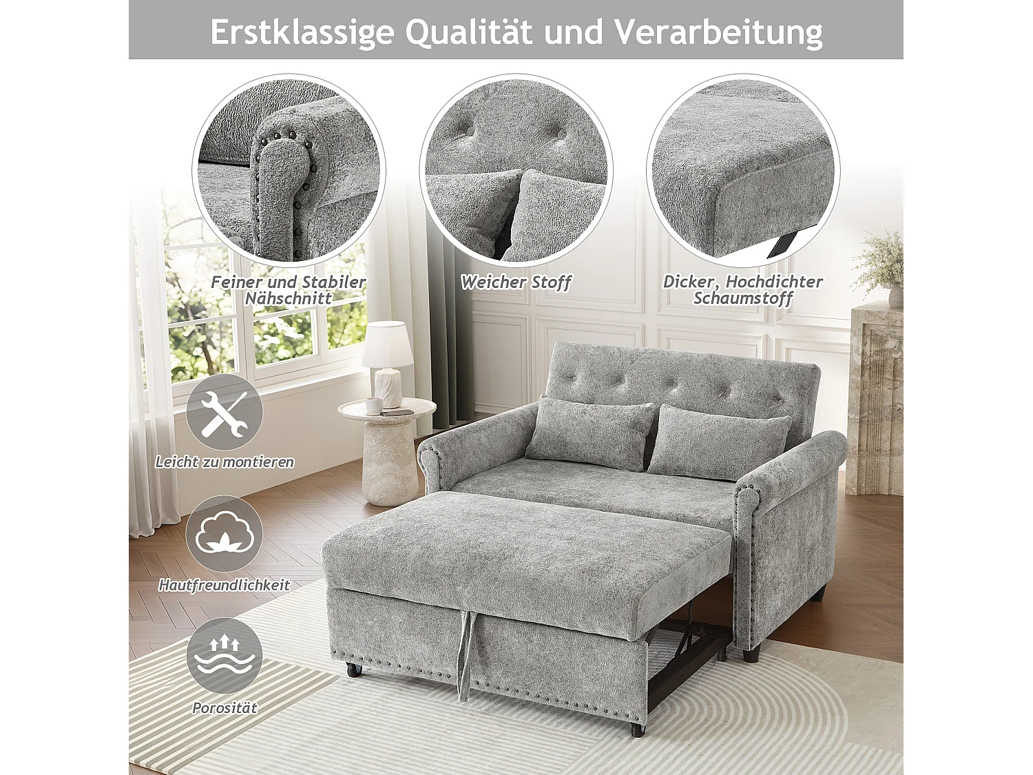 Sofa rozkładana 3 w 1 z odchylanym oparciem (110°/145°/180°) - Tkanina szenilowa - Powierzchnia spania 170 x 98 cm - 2 poduszki - Szary