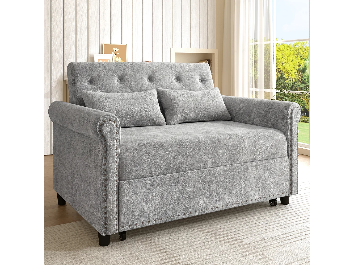 Sofa rozkładana 3 w 1 z odchylanym oparciem (110°/145°/180°) - Tkanina szenilowa - Powierzchnia spania 170 x 98 cm - 2 poduszki - Szary