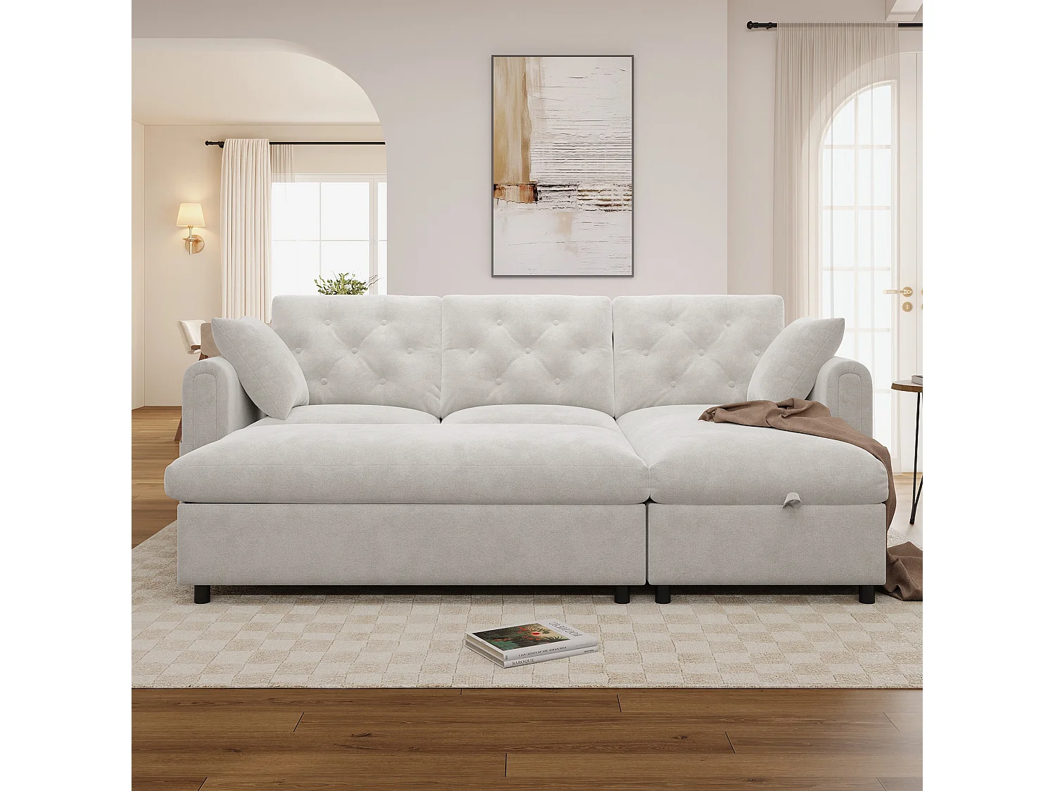 Canapé d'angle avec méridienne et pouf de rangement – Velours – Fonction couchage - 219 x 131 x 86 cm – Beige