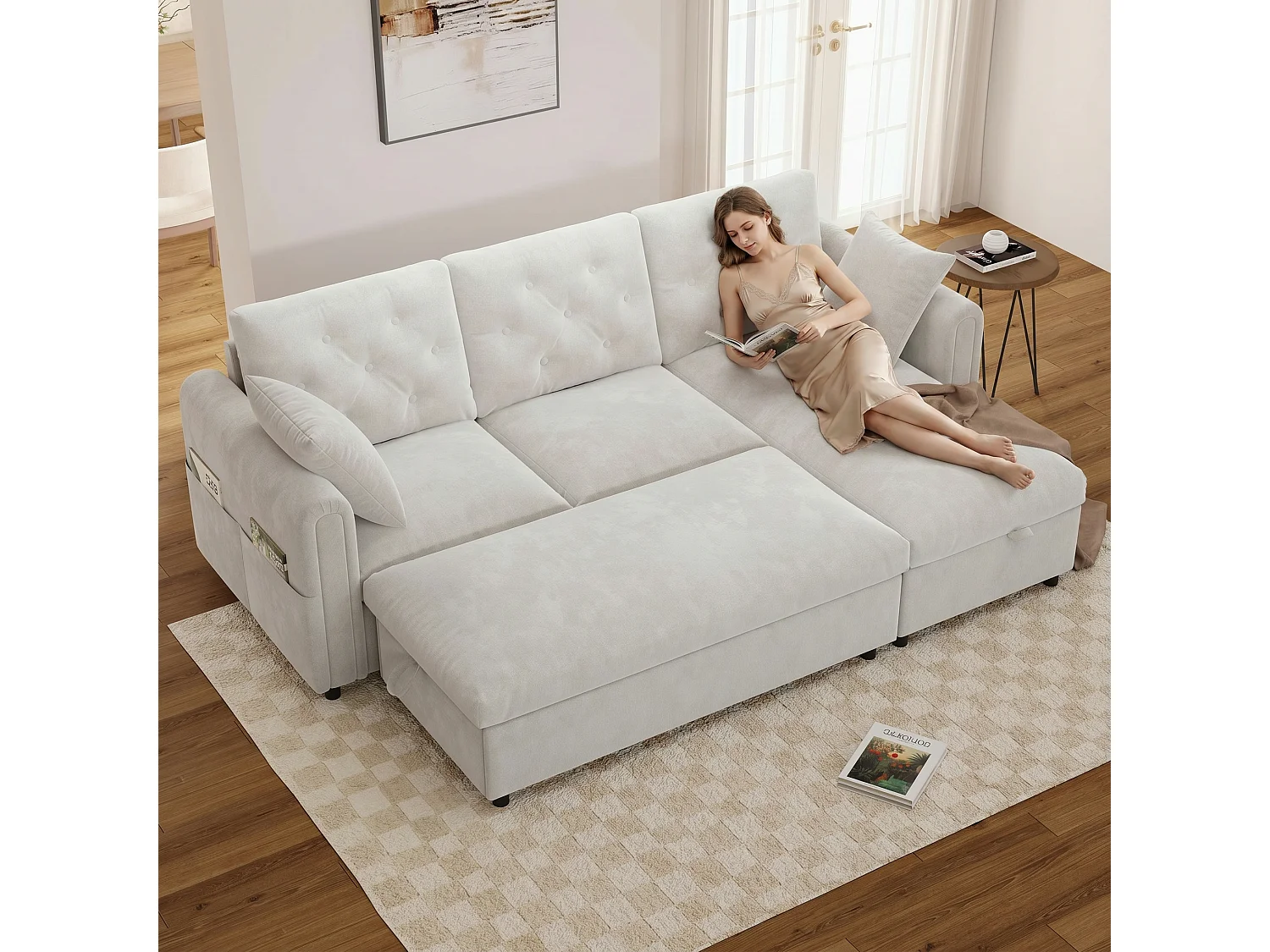 Canapé d'angle avec méridienne et pouf de rangement – Velours – Fonction couchage - 219 x 131 x 86 cm – Beige
