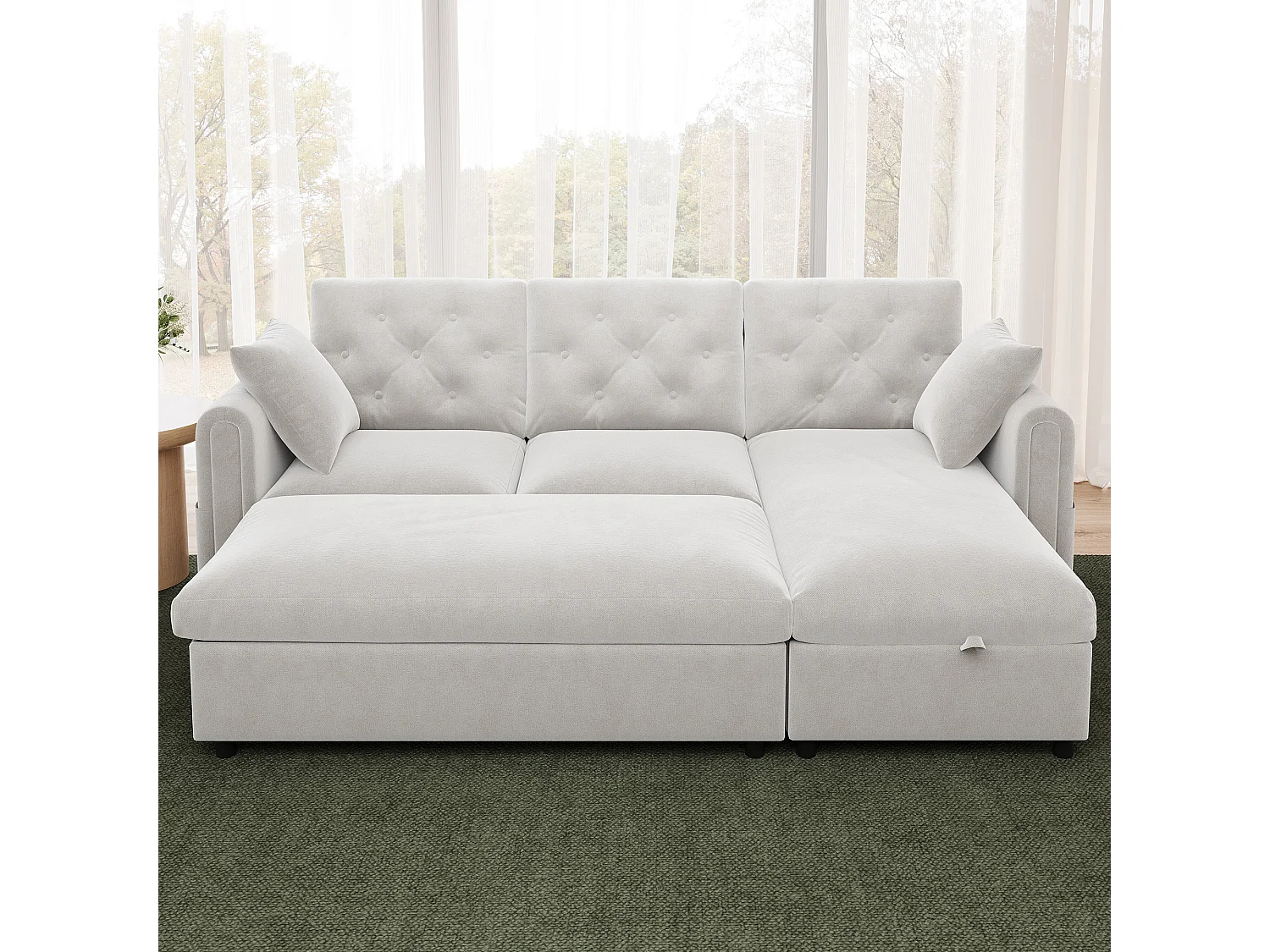Canapé d'angle avec méridienne et pouf de rangement – Velours – Fonction couchage - 219 x 131 x 86 cm – Beige