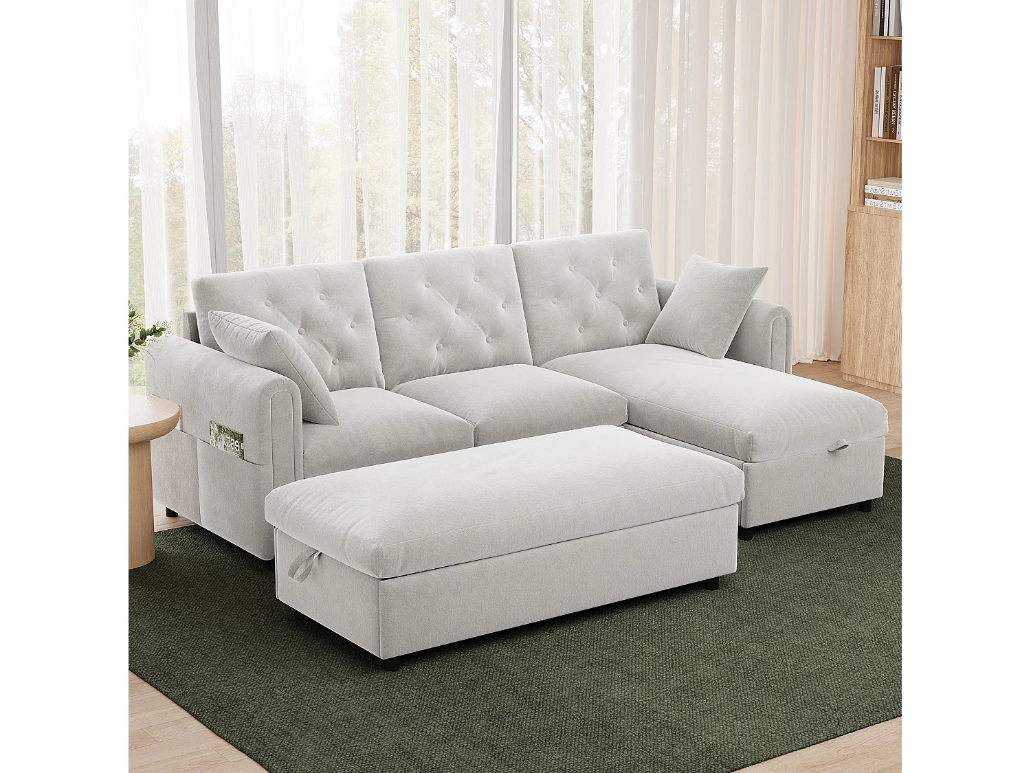 Canapé d'angle avec méridienne et pouf de rangement – Velours – Fonction couchage - 219 x 131 x 86 cm – Beige