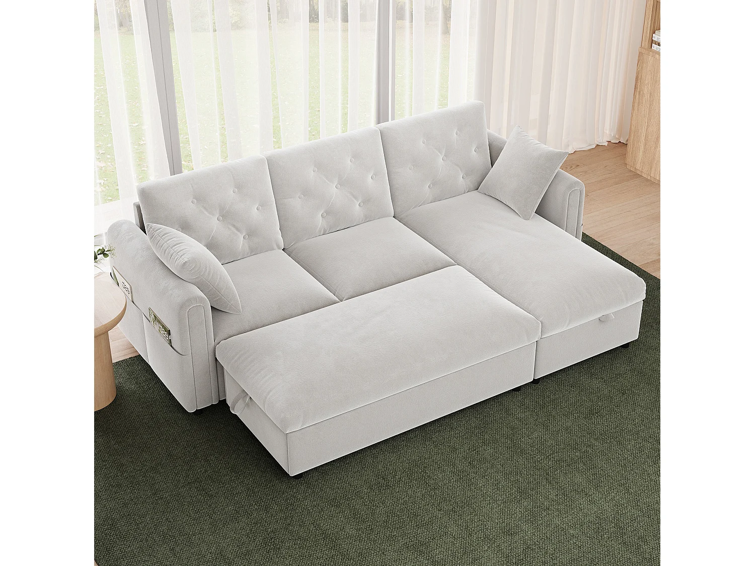 Canapé d'angle avec méridienne et pouf de rangement – Velours – Fonction couchage - 219 x 131 x 86 cm – Beige