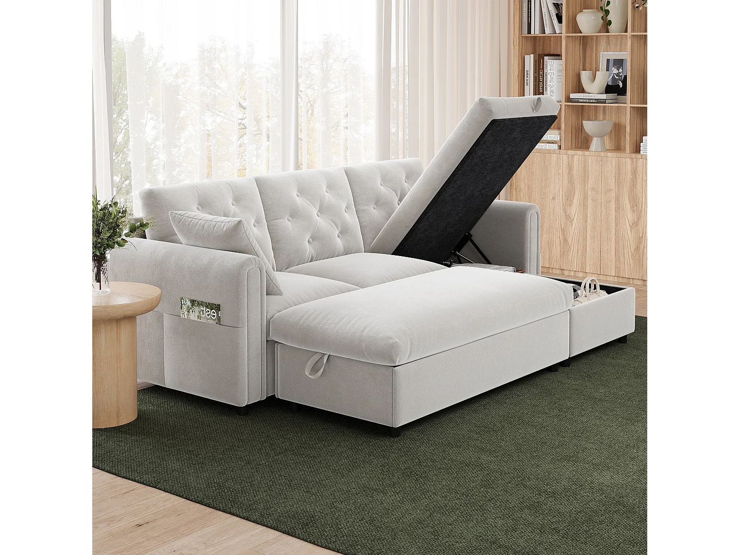 Canapé d'angle avec méridienne et pouf de rangement – Velours – Fonction couchage - 219 x 131 x 86 cm – Beige