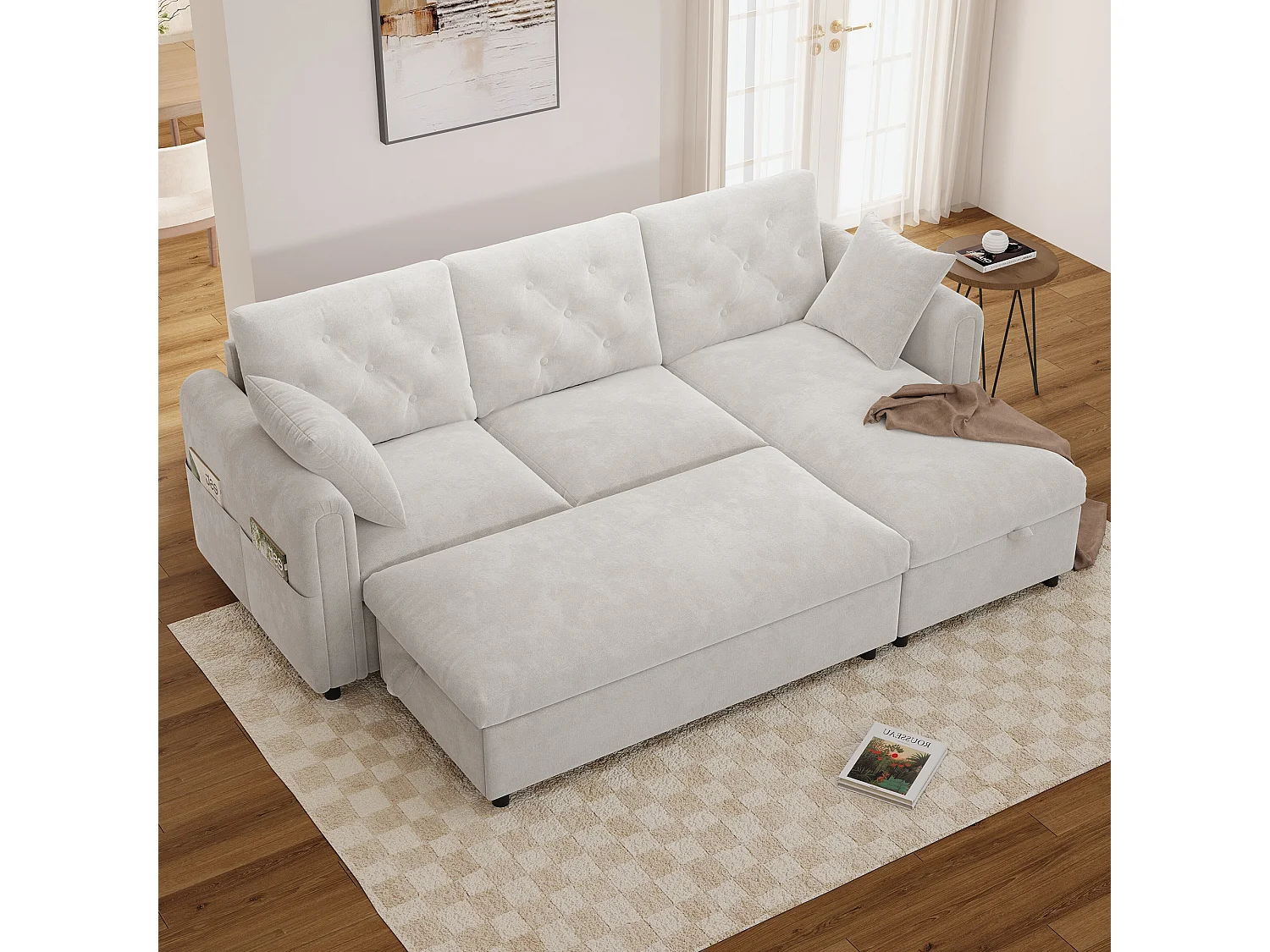 Canapé d'angle avec méridienne et pouf de rangement – Velours – Fonction couchage - 219 x 131 x 86 cm – Beige