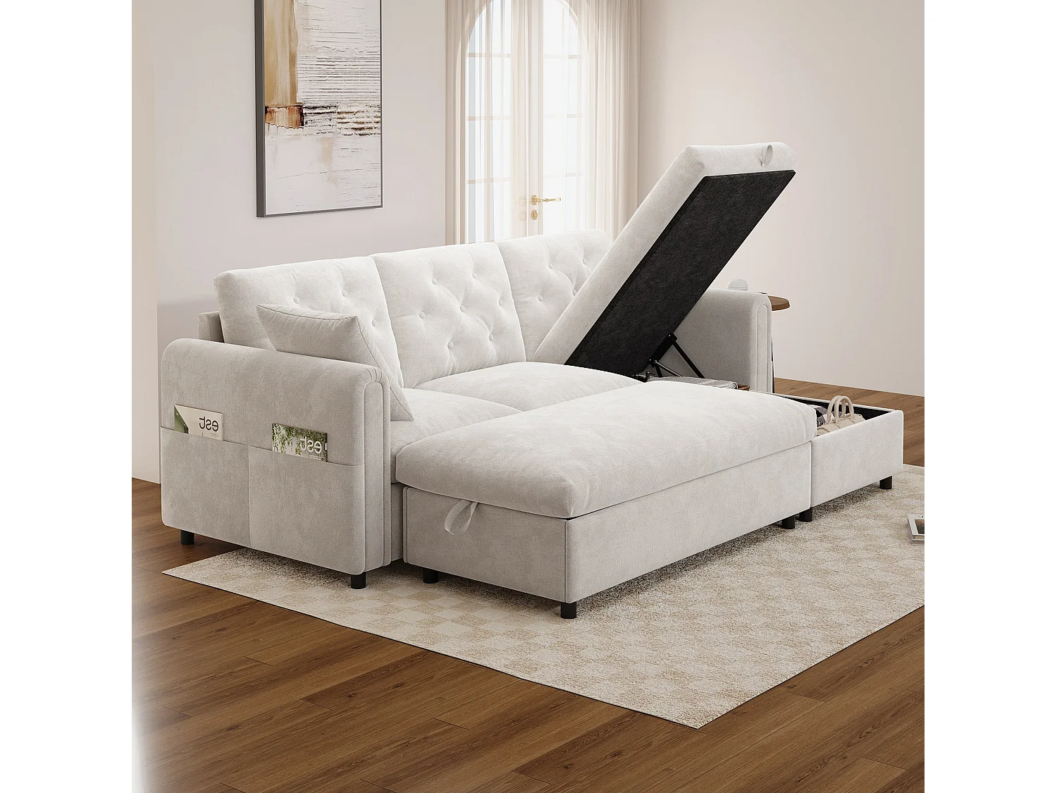 Canapé d'angle avec méridienne et pouf de rangement – Velours – Fonction couchage - 219 x 131 x 86 cm – Beige