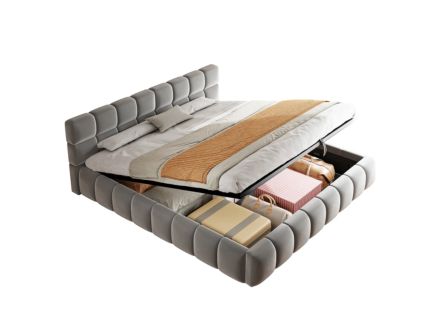 Cama de almacenamiento para adultos de 160 x 200 cm con tira de luz - Terciopelo gris