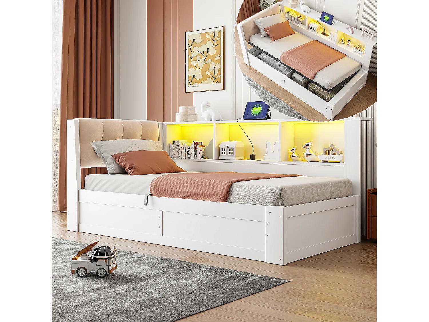Lit coffre 90 x 200 cm avec bande LED et port USB - Lit banquette en pin blanc