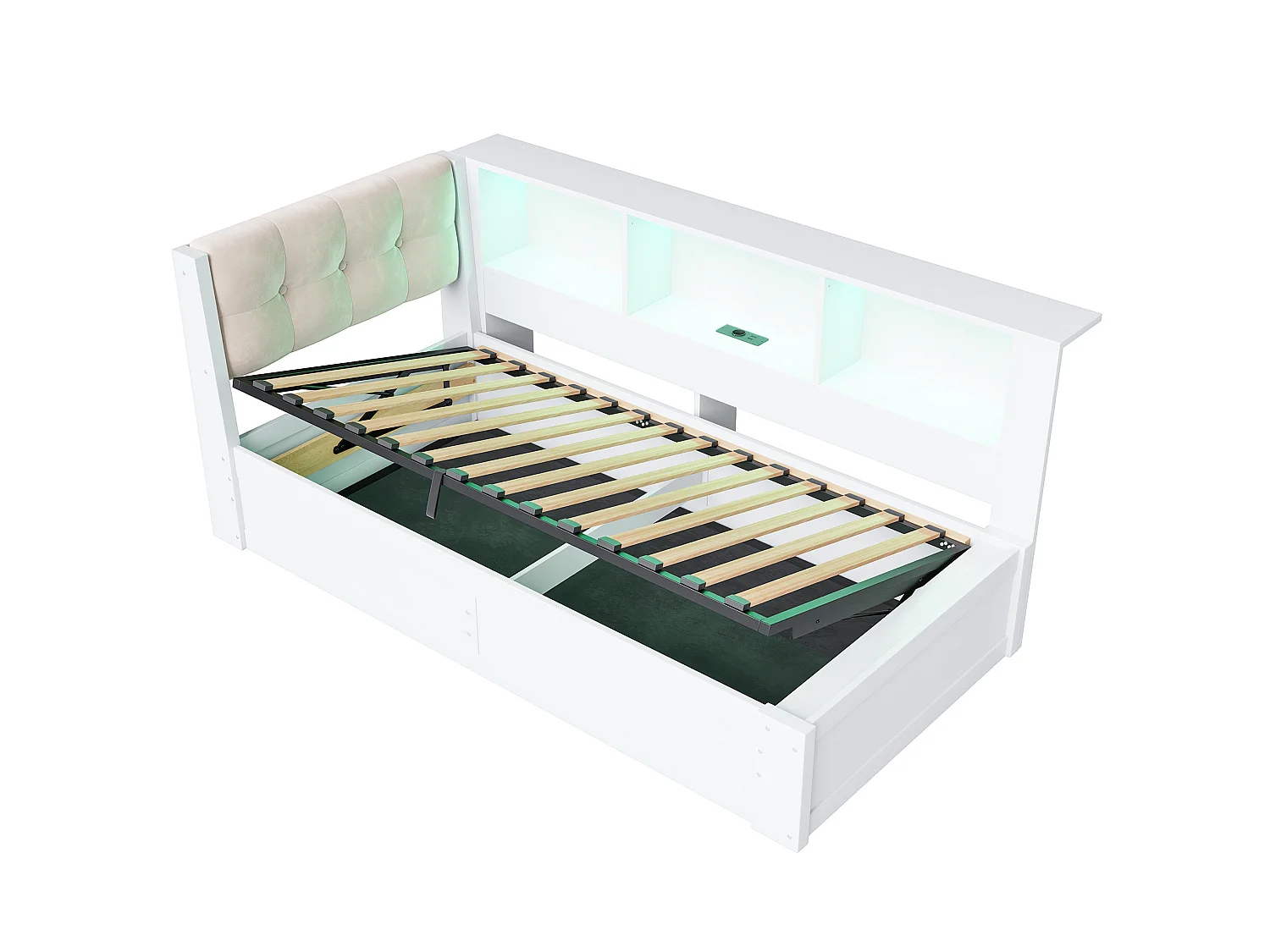Lit coffre 90 x 200 cm avec bande LED et port USB - Lit banquette en pin blanc