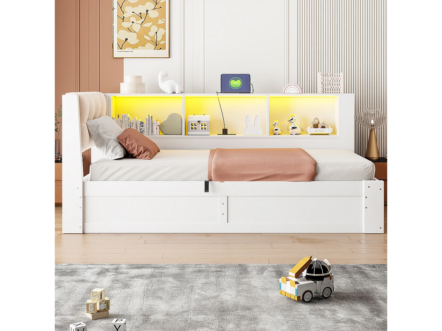 Lit coffre 90 x 200 cm avec bande LED et port USB - Lit banquette en pin blanc