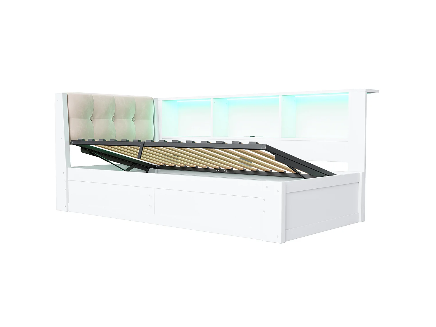 Lit coffre 90 x 200 cm avec bande LED et port USB - Lit banquette en pin blanc