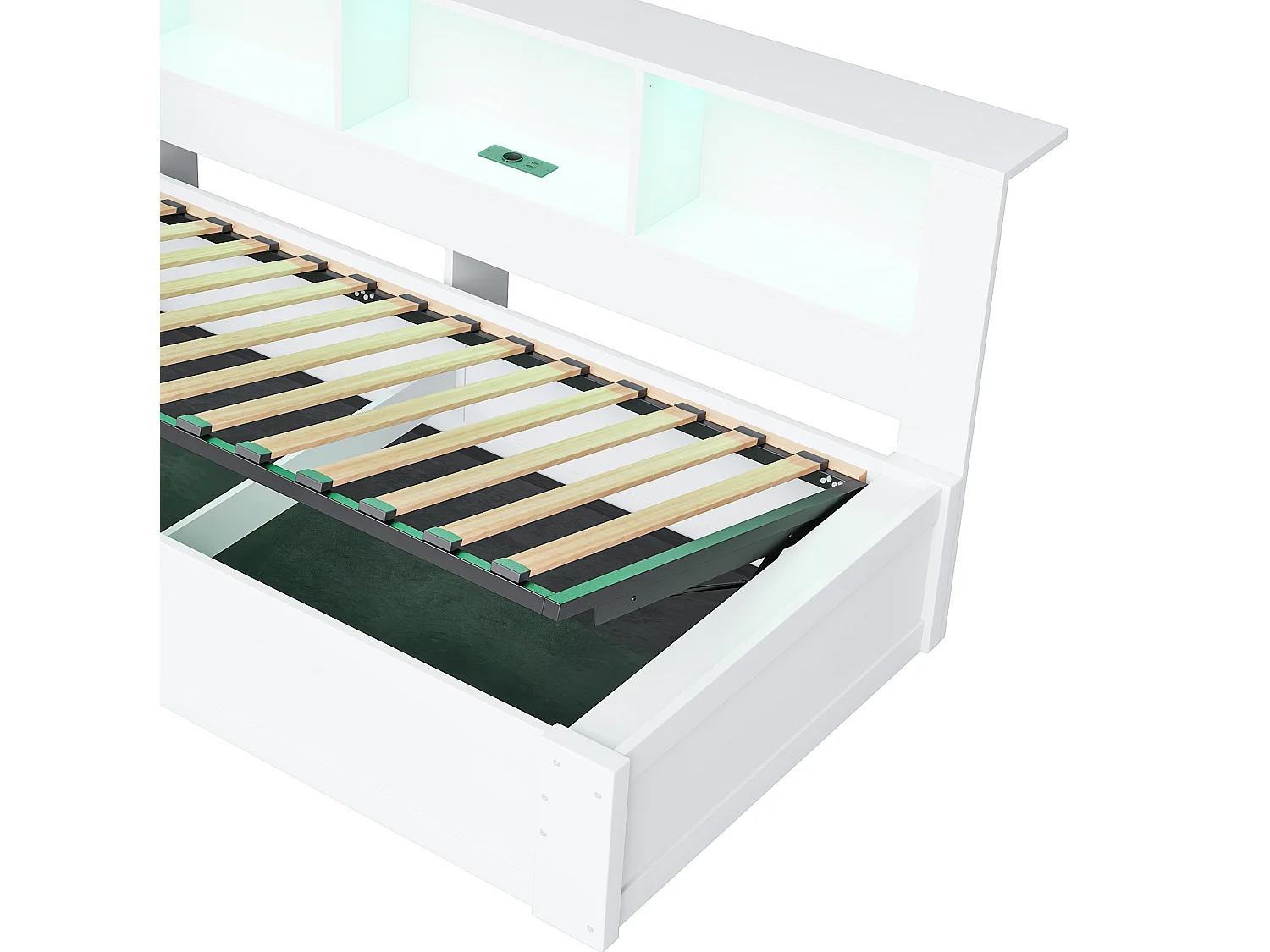 Lit coffre 90 x 200 cm avec bande LED et port USB - Lit banquette en pin blanc