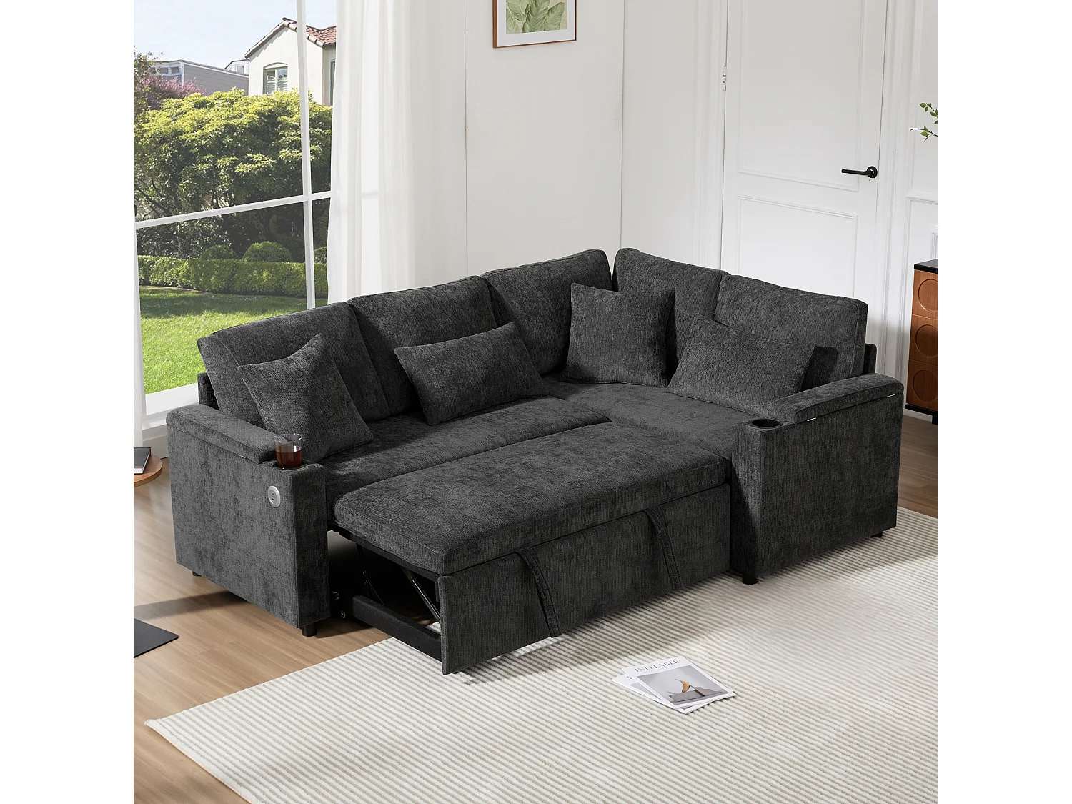 L-shaped retractable corner sofa - with storage space - with cup holder - USB charging port - with cushions - grey