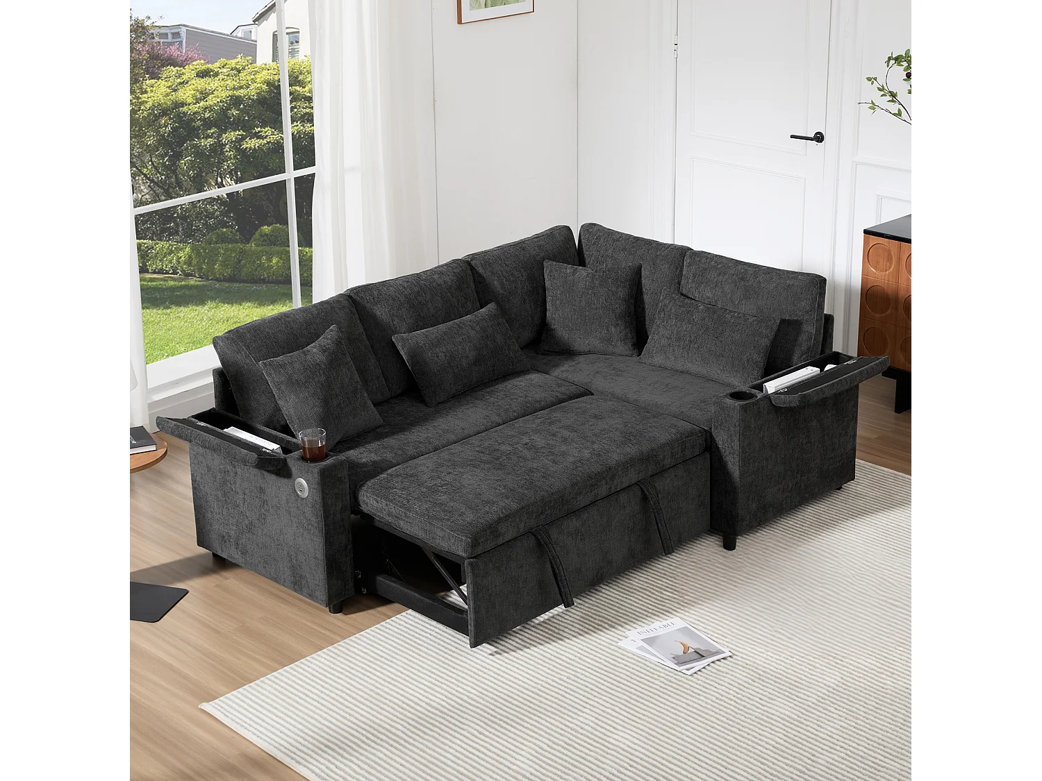 L-shaped retractable corner sofa - with storage space - with cup holder - USB charging port - with cushions - grey