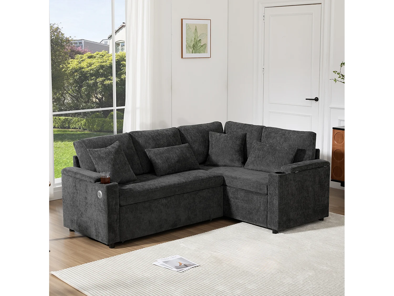 L-shaped retractable corner sofa - with storage space - with cup holder - USB charging port - with cushions - grey