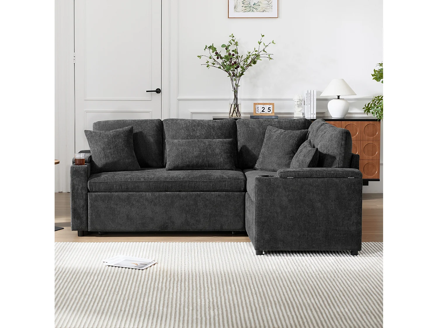 L-shaped retractable corner sofa - with storage space - with cup holder - USB charging port - with cushions - grey