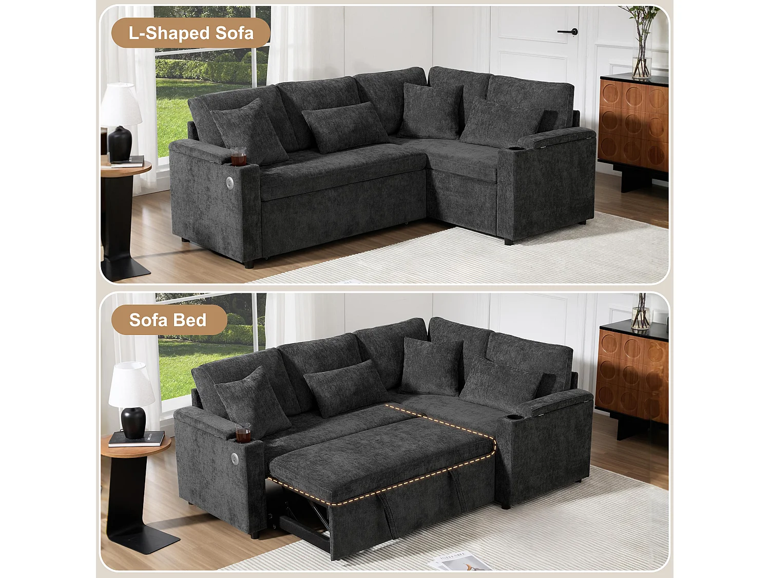 L-shaped retractable corner sofa - with storage space - with cup holder - USB charging port - with cushions - grey