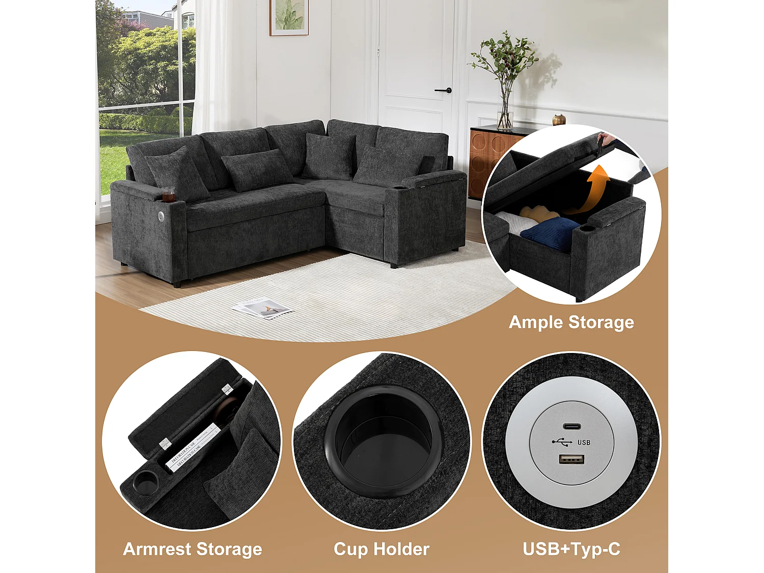 L-shaped retractable corner sofa - with storage space - with cup holder - USB charging port - with cushions - grey