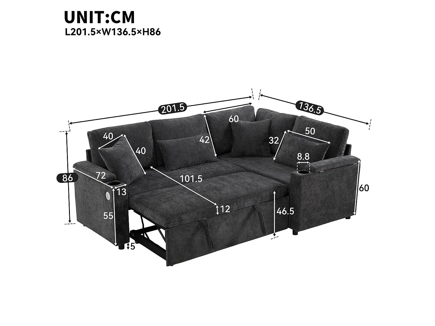 L-shaped retractable corner sofa - with storage space - with cup holder - USB charging port - with cushions - grey