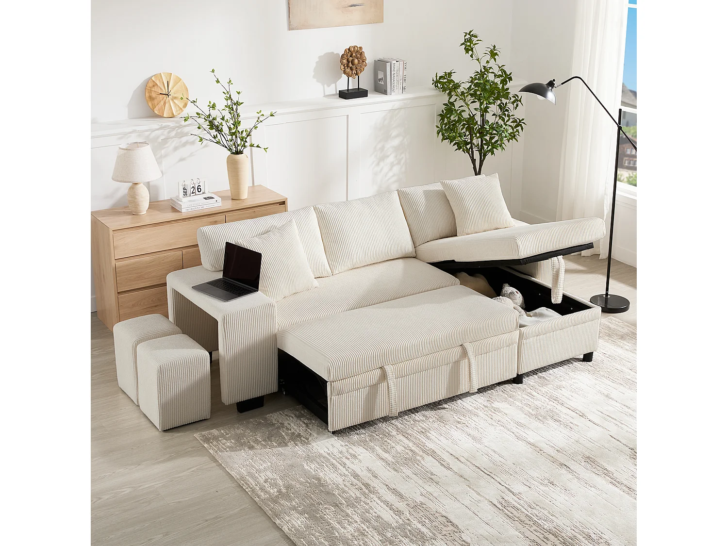 3-Seater L-Shaped Sofa - with USB Charging Ports - with Cushions - Convertible Corner Sofa - Beige