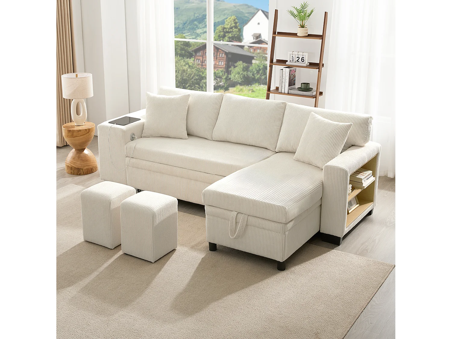 3-Seater L-Shaped Sofa - with USB Charging Ports - with Cushions - Convertible Corner Sofa - Beige