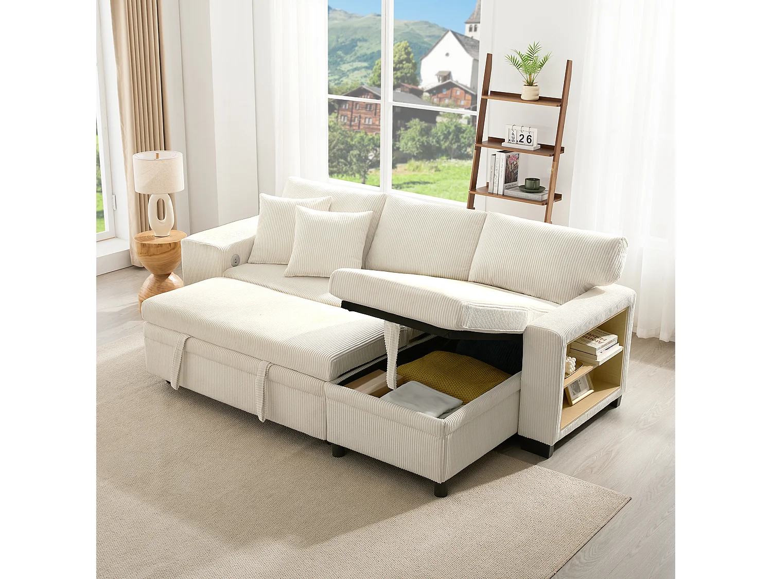 3-Seater L-Shaped Sofa - with USB Charging Ports - with Cushions - Convertible Corner Sofa - Beige