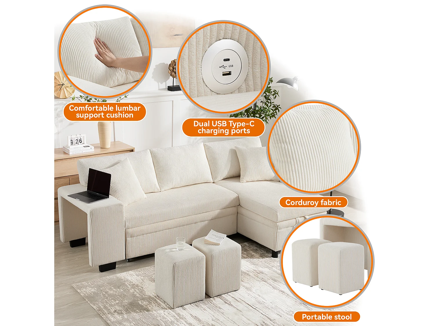 3-Seater L-Shaped Sofa - with USB Charging Ports - with Cushions - Convertible Corner Sofa - Beige