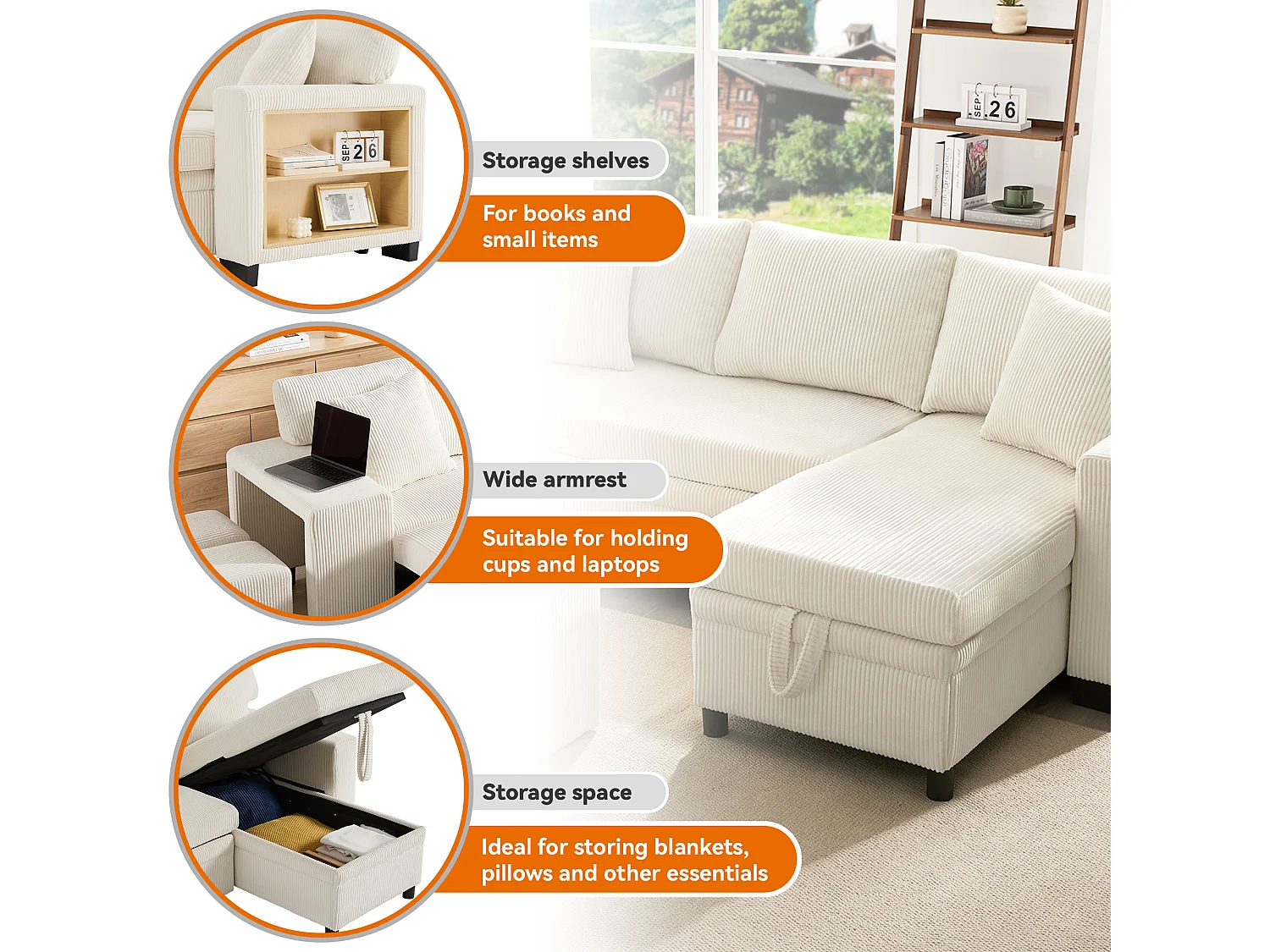 3-Seater L-Shaped Sofa - with USB Charging Ports - with Cushions - Convertible Corner Sofa - Beige