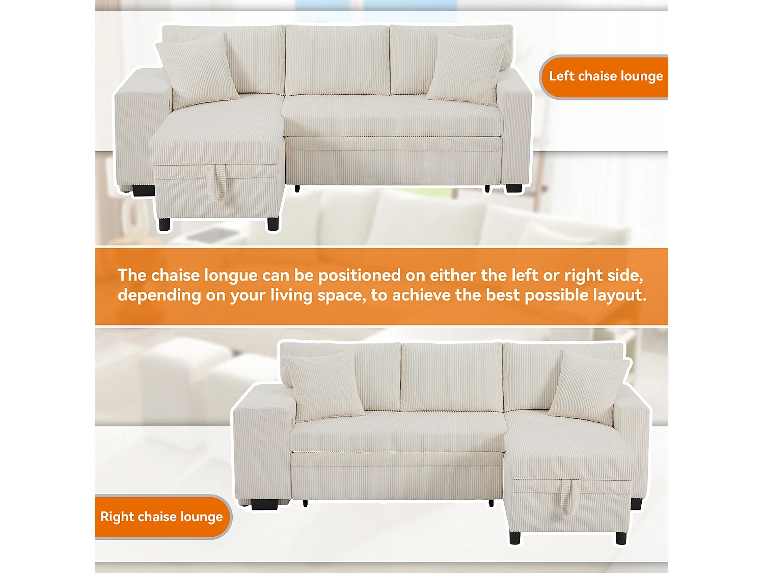 3-Seater L-Shaped Sofa - with USB Charging Ports - with Cushions - Convertible Corner Sofa - Beige