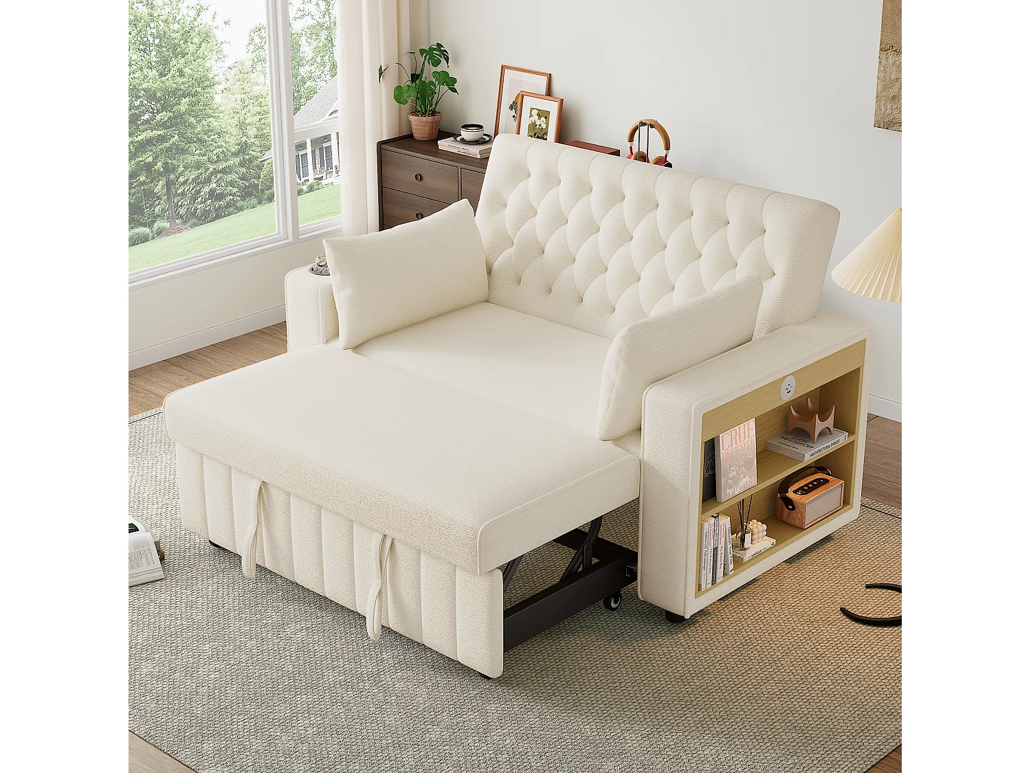 Modern folding sofa for 2 people - with cup holders - with USB charging ports - with cushions - chenille fabric - beige