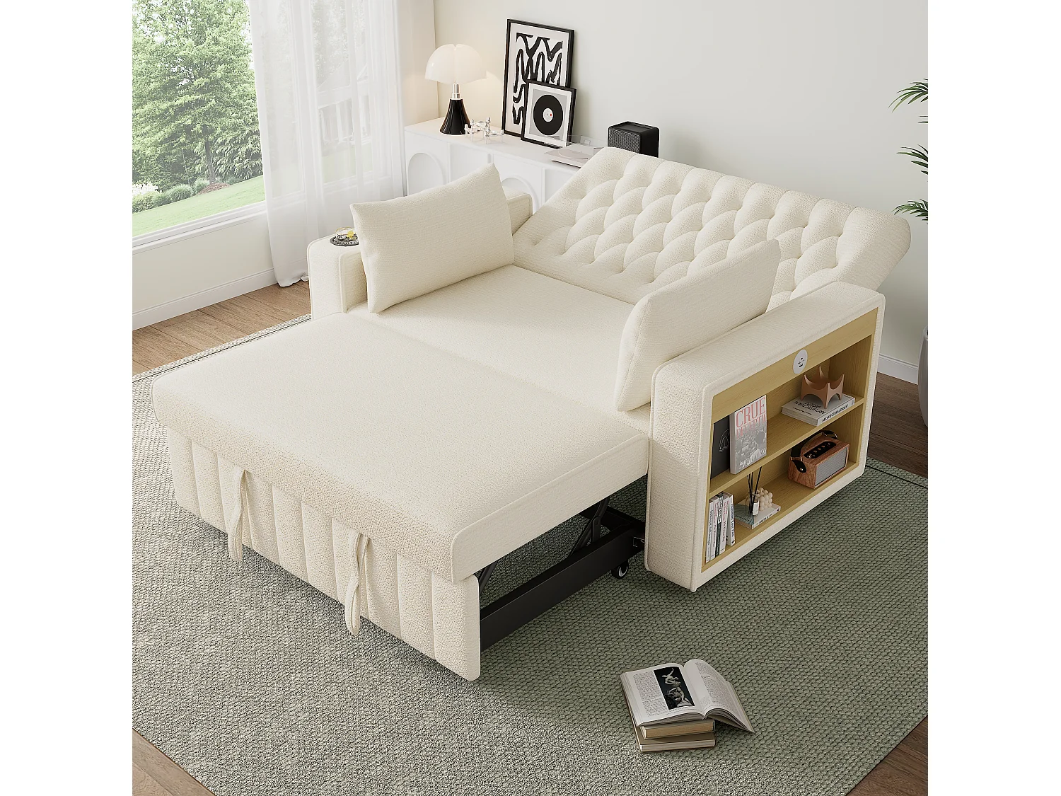 Modern folding sofa for 2 people - with cup holders - with USB charging ports - with cushions - chenille fabric - beige