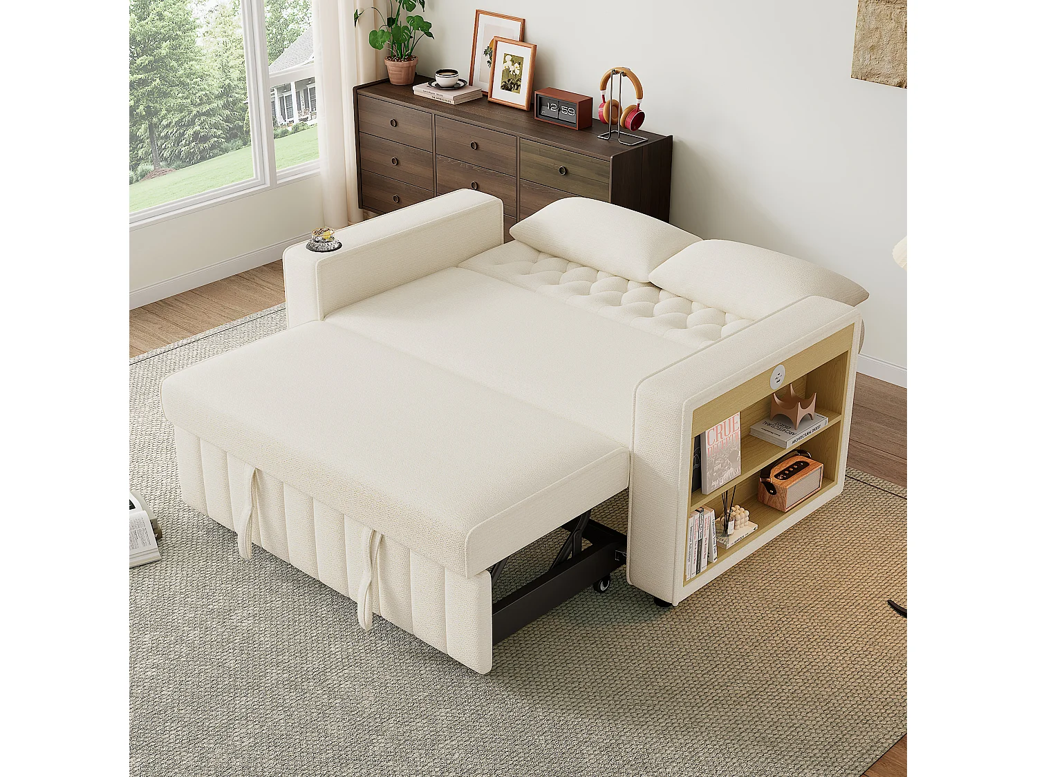 Modern folding sofa for 2 people - with cup holders - with USB charging ports - with cushions - chenille fabric - beige