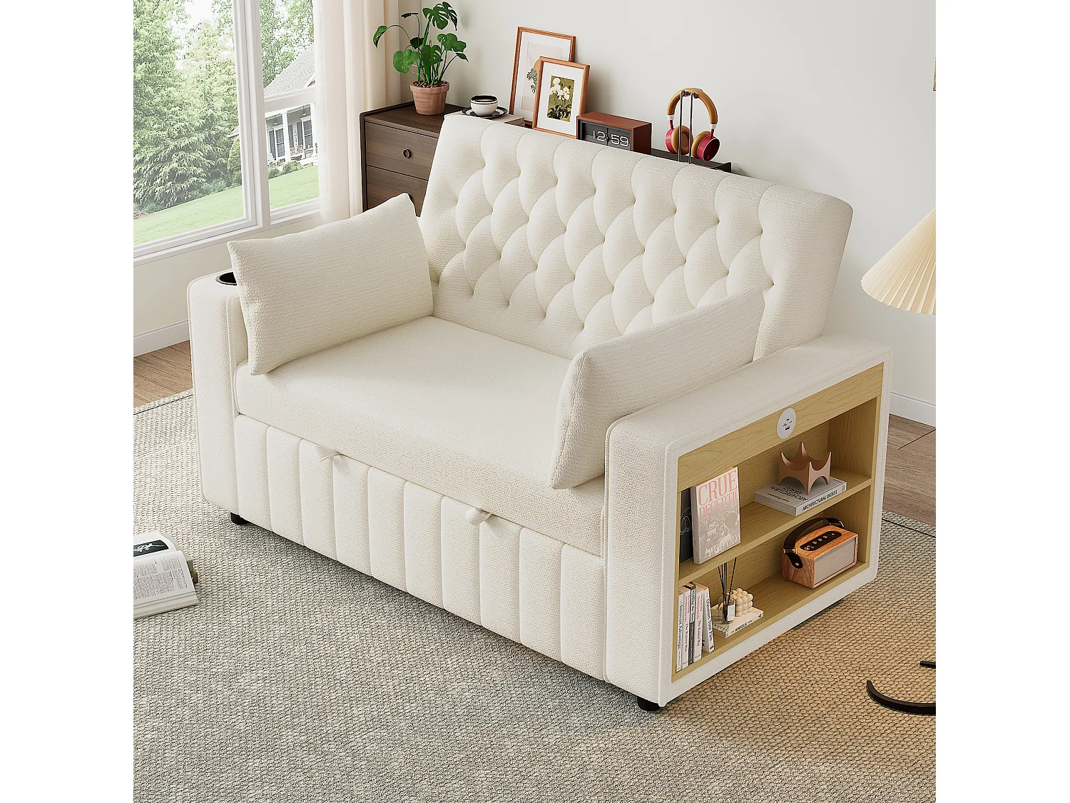 Modern folding sofa for 2 people - with cup holders - with USB charging ports - with cushions - chenille fabric - beige