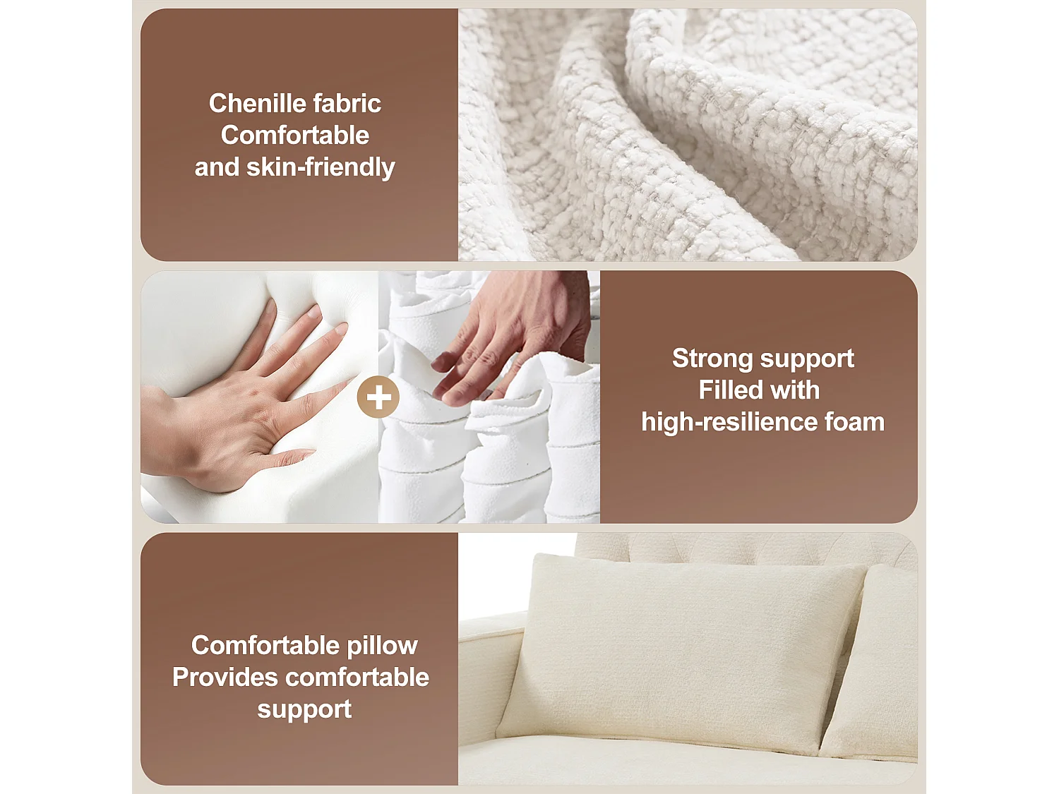 Modern folding sofa for 2 people - with cup holders - with USB charging ports - with cushions - chenille fabric - beige