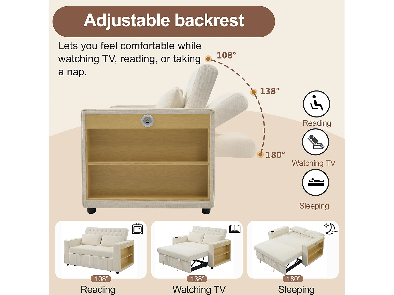 Modern folding sofa for 2 people - with cup holders - with USB charging ports - with cushions - chenille fabric - beige
